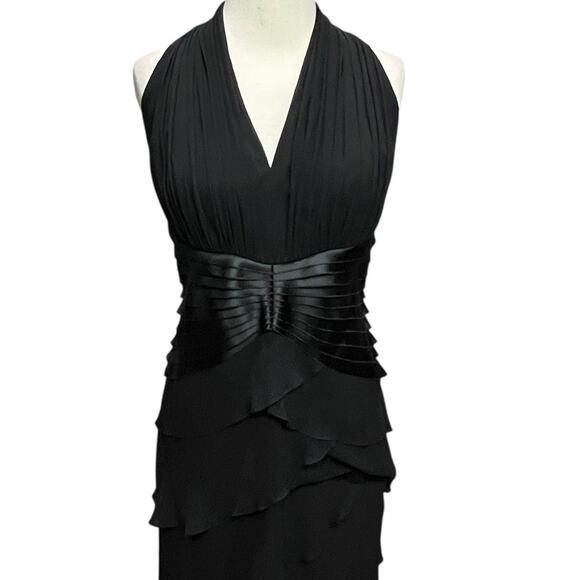 Tadashi Shoji Y2K Halter Dress 12 Black Silk Tiered Layer Cocktail Gown Romantic - Picture 2 of 16